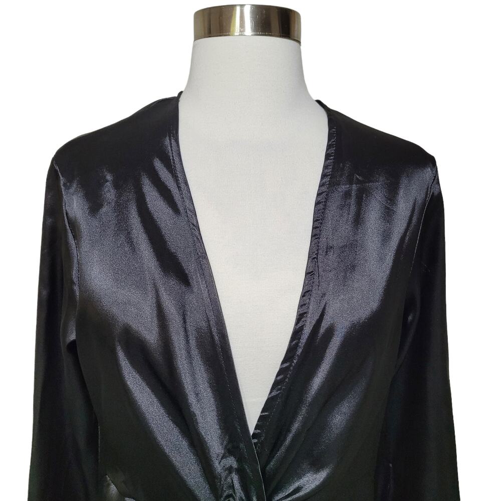 Satin Black Faux Wrap Front Plunge Mini Dress V Neck Twist Size Medium - Picture 3 of 8